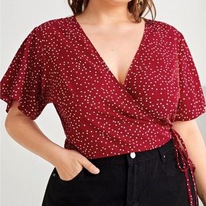 SHEIN Curve Wrap Polka Dot Cropped Blouse